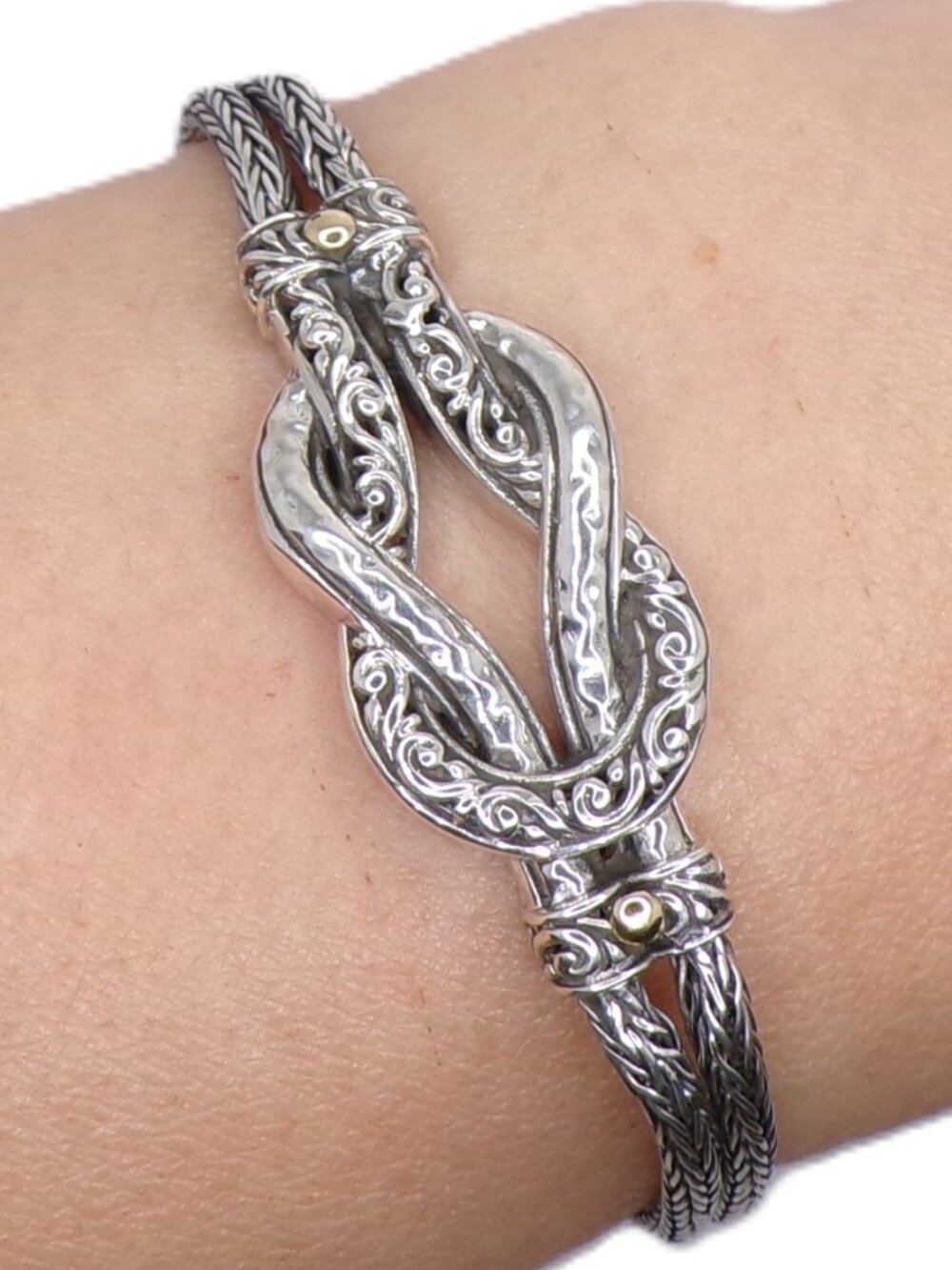 925/18k Gold Accents Textured Love Knot Bali Bracelet Adjustable
